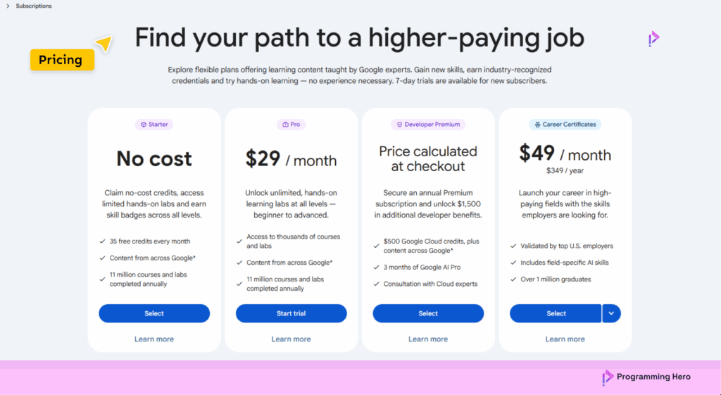 Pricing and Plans Google Skills - 2025