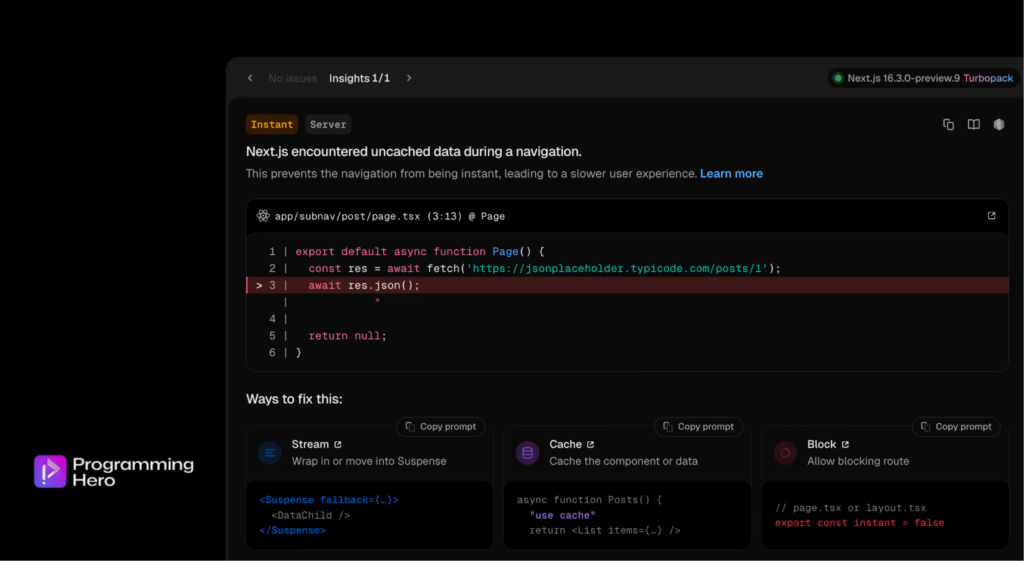 The new Instant Insights panel automatically surfaces slow navigations next.js 16.3