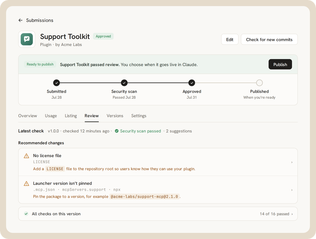 Stylized view of review status and recommended changes for a plugin. Data is illustrative.
